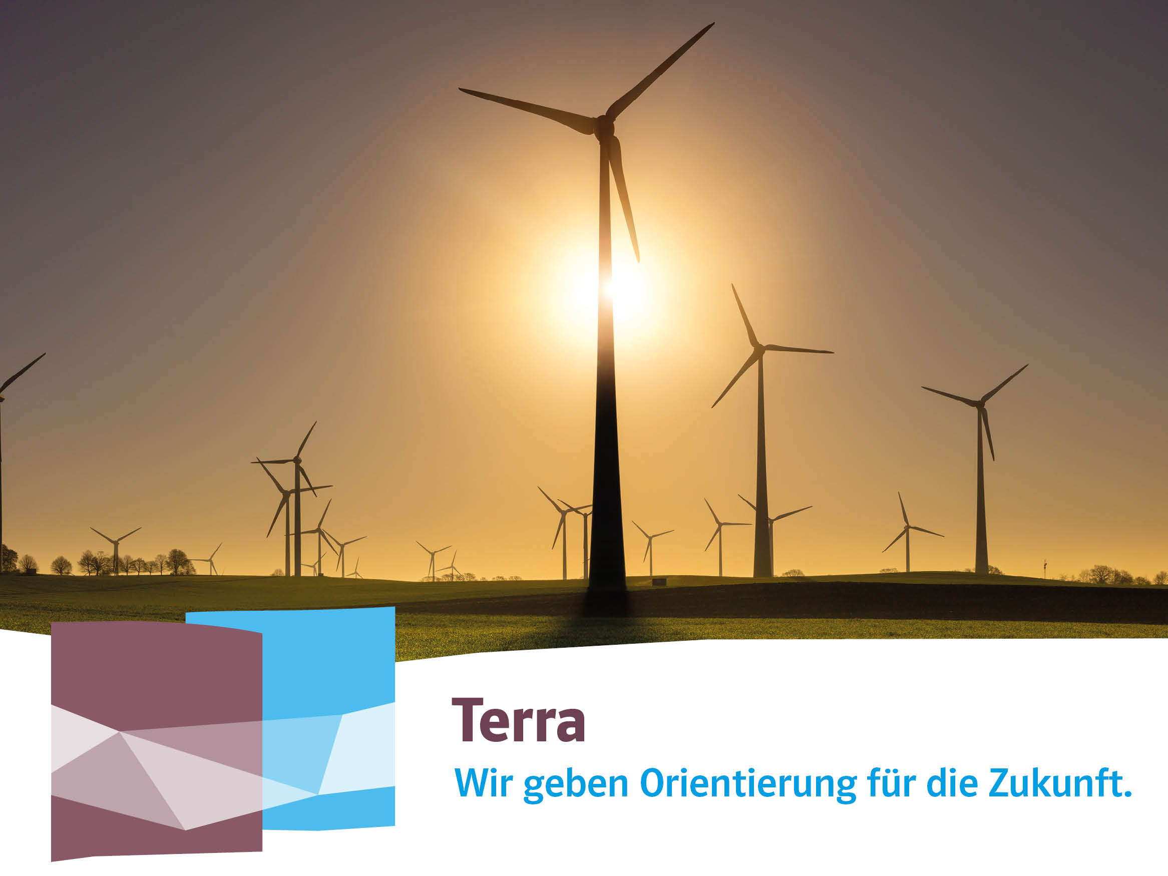 Windräder auf einem Feld im Sonnenaufgang mit der Aufschrift Terra wir geben Orientierung für die Zukunft