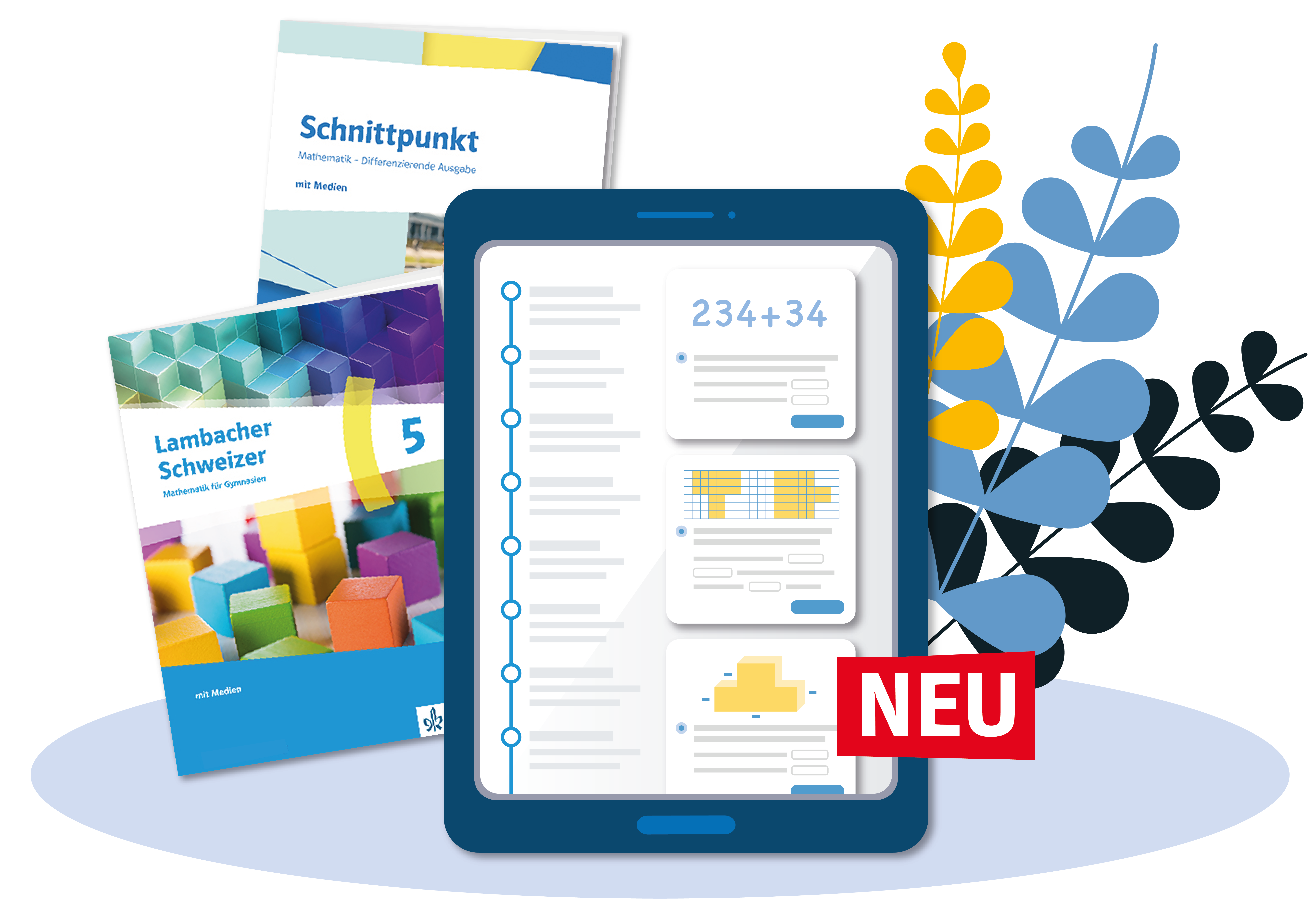 MathCourse Illustration von zwei Schulbüchern und Tablet der zugehörigen Anwendung MathCourse von Klett×Studyly