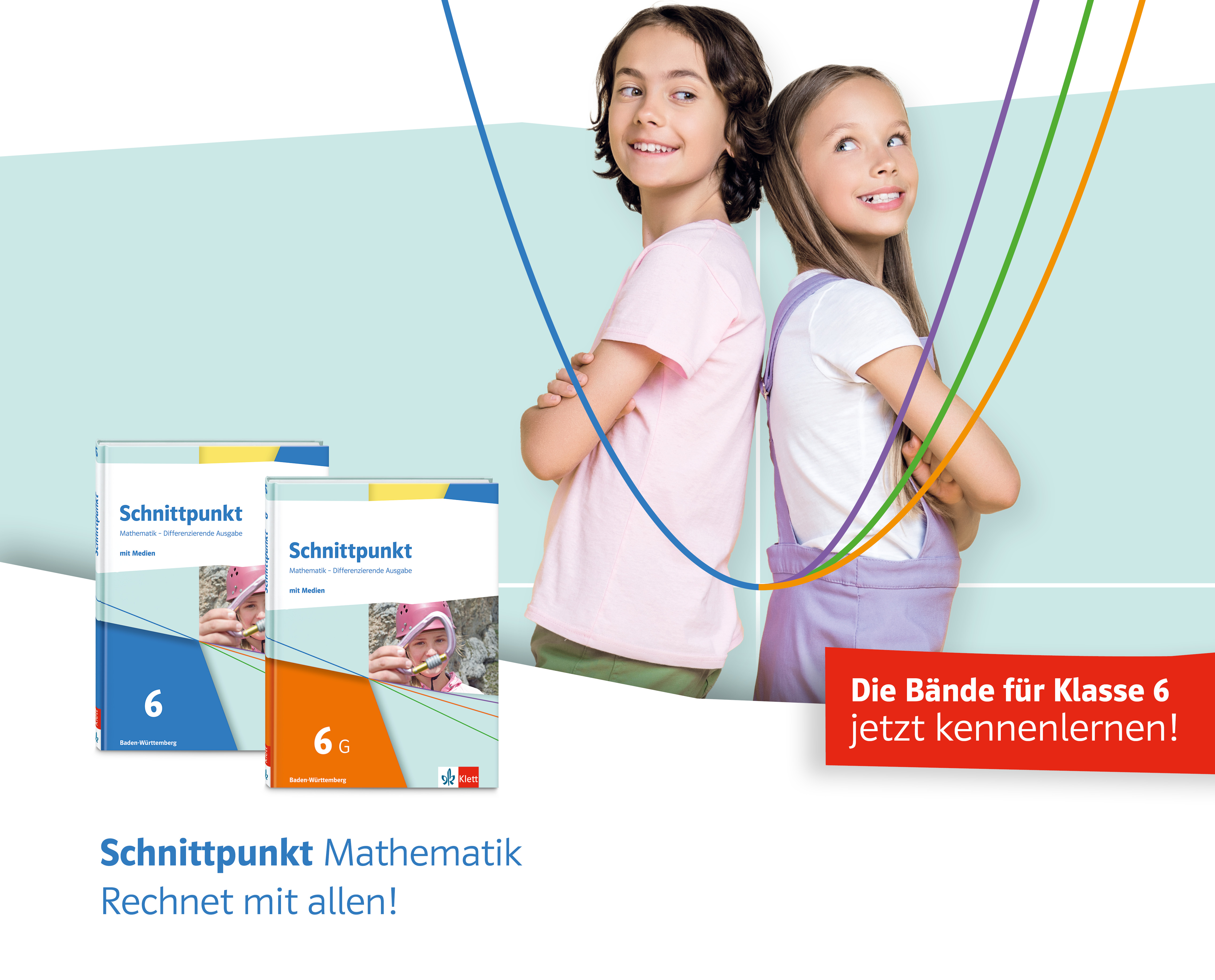 Schnittpunkt Mathematik Schulbücher Klasse 6 neben zwei Kindern