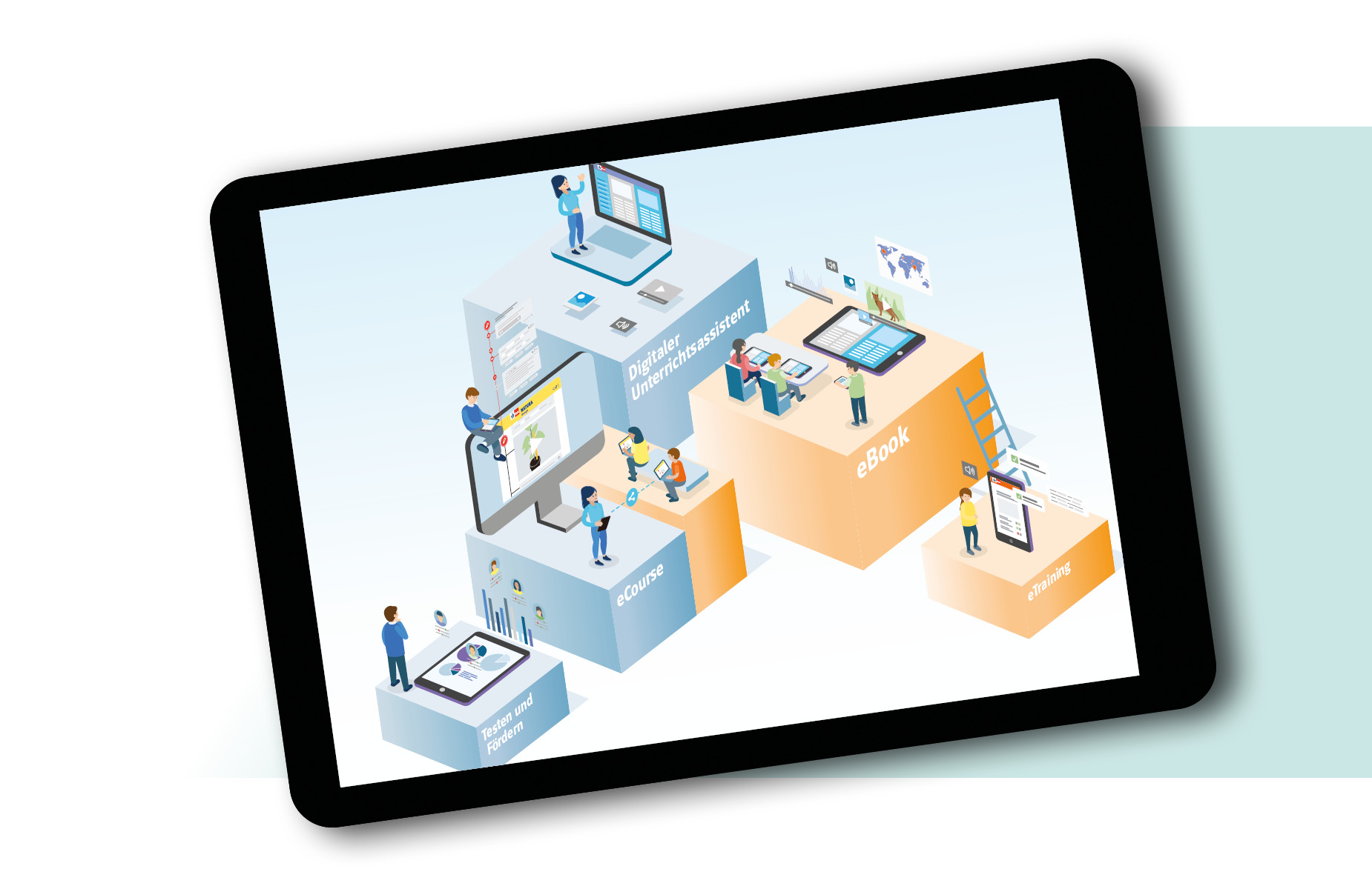 Illustration eines Tablets, auf dem Menschen auf Würfeln sitzen oder stehen und an verschiedenen Ausgabegeräten arbeiten
