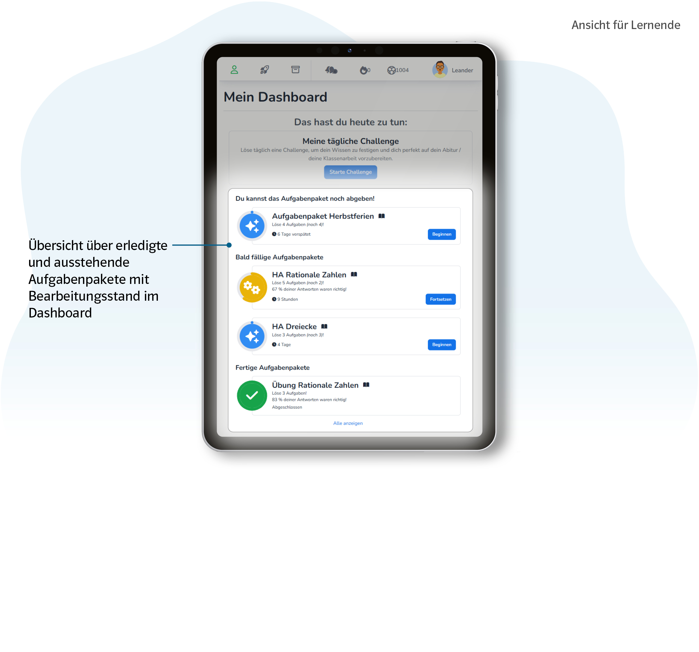 Vorschaubild eines Tablets mit Produktabbildung Studyly Überblick über Hausaufgaben