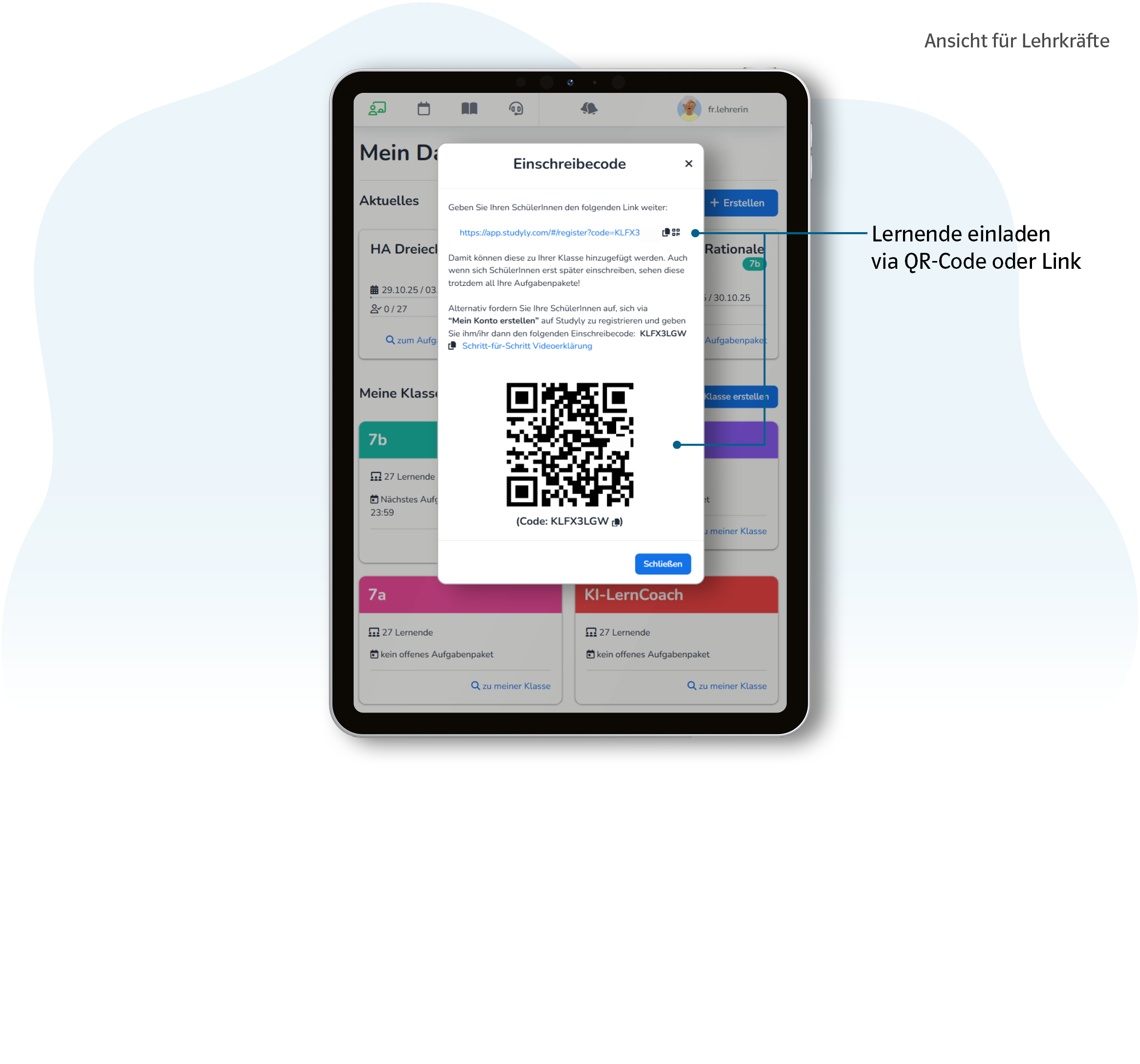 Vorschaubild eines Tablets mit Produktabbildung Studyly Lernende einladen via QR-Code oder Link