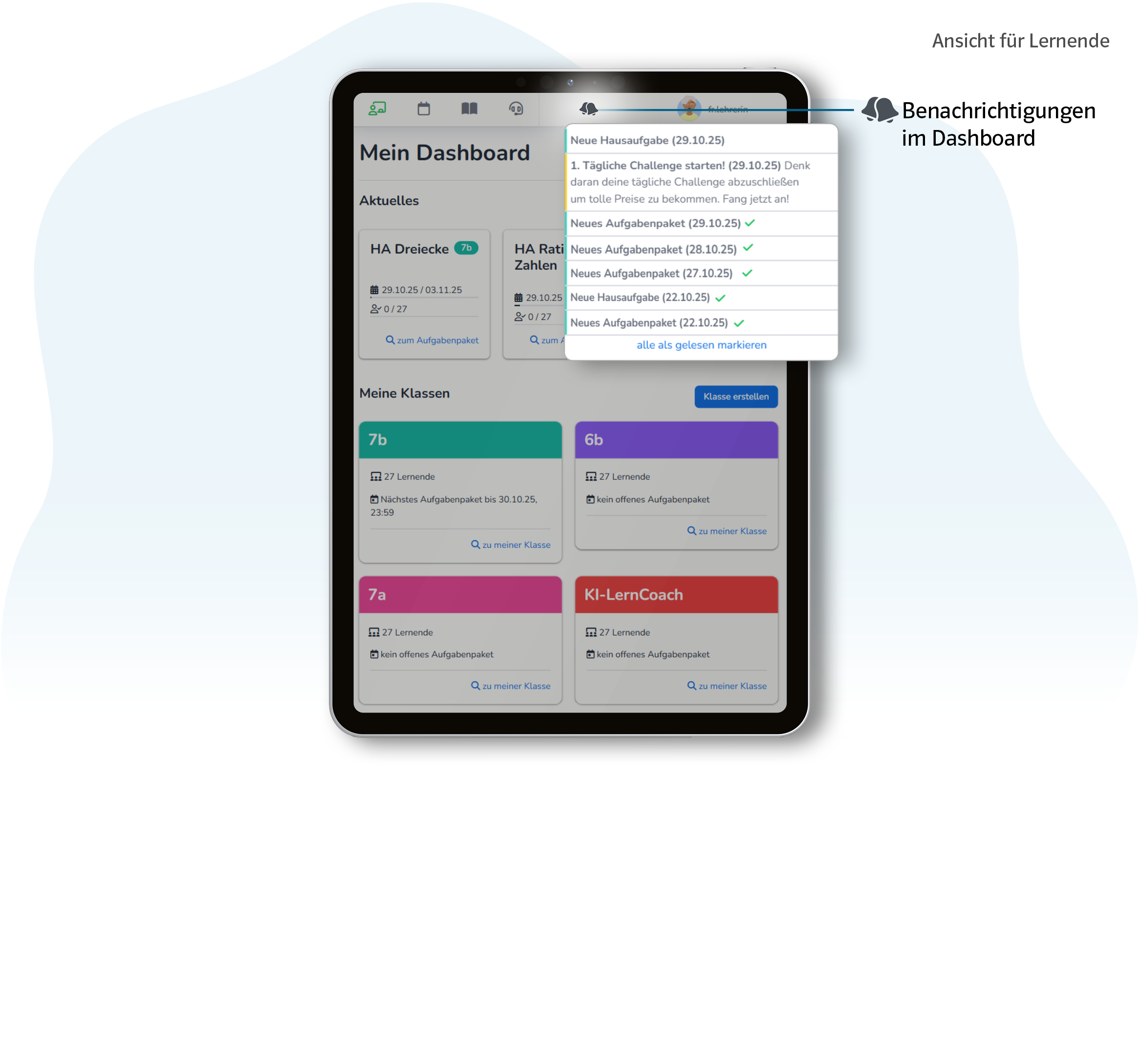 Vorschaubild eines Tablets mit Produktabbildung Studyly Benachrichtigung der Lernenden