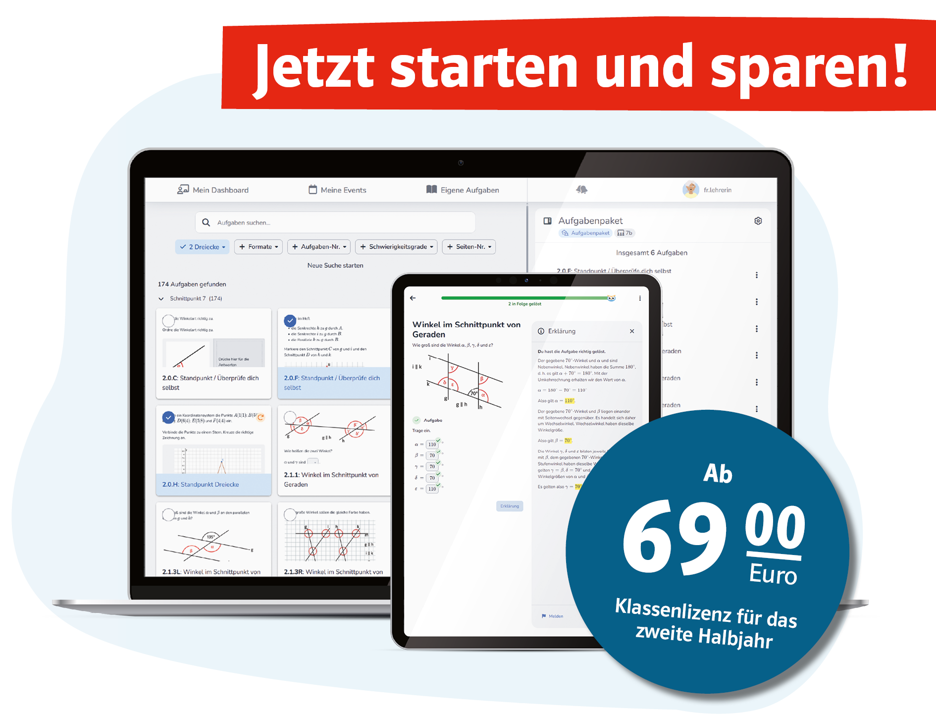 klett×studyly testen Ein Laptop und ein Tablet mit Infotext „Jetzt starten und sparen!“ sowie Preisangabe ab 69 Euro