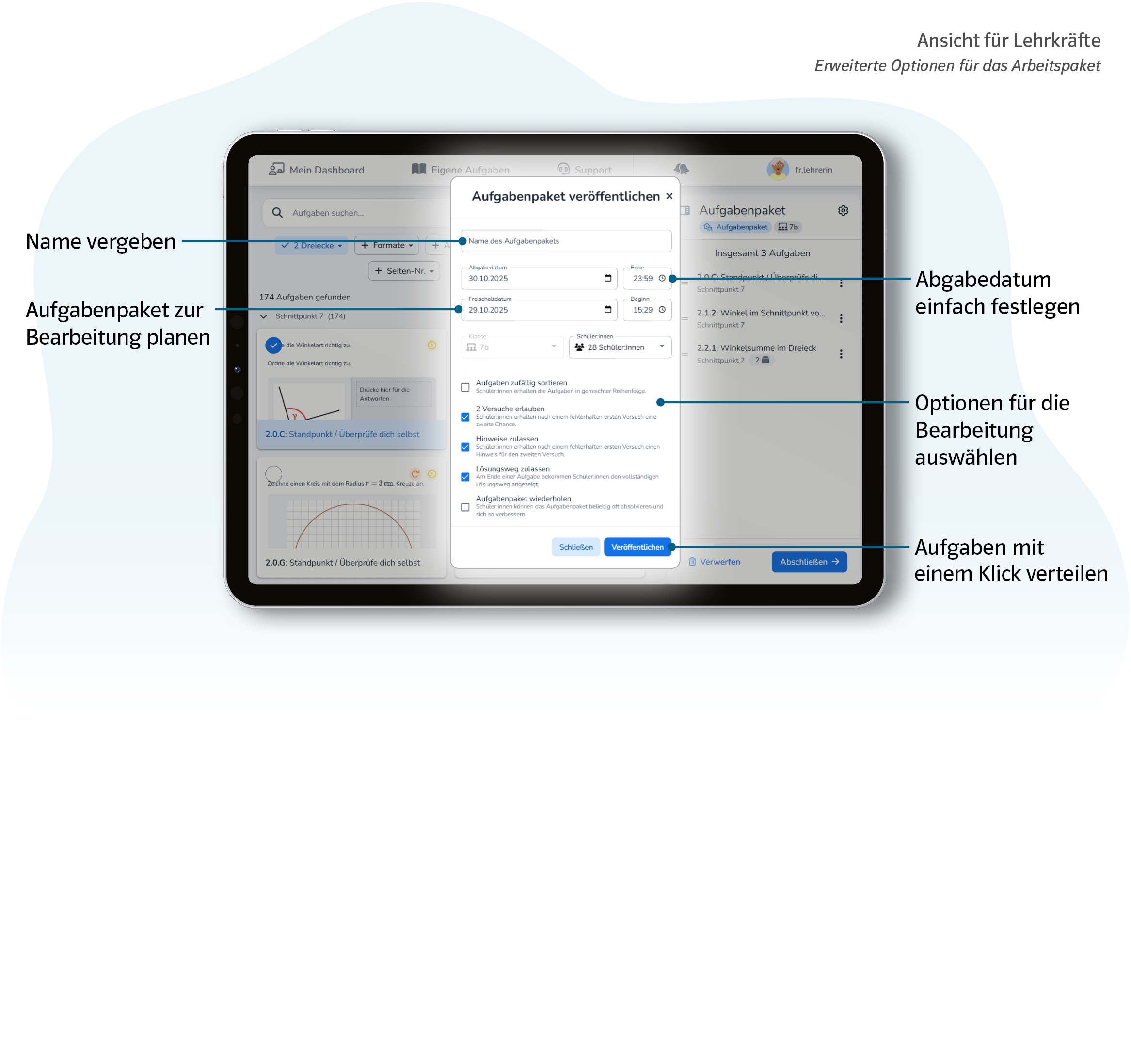 Vorschaubild eines Tablets mit Produktabbildung Studyly Einstellungen für die Hausaufgabenvergabe