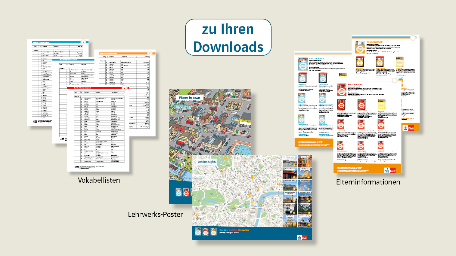 Vorschau verschiedener Arbeitsmaterialien mit dem Text „Zu Ihren Downloads”