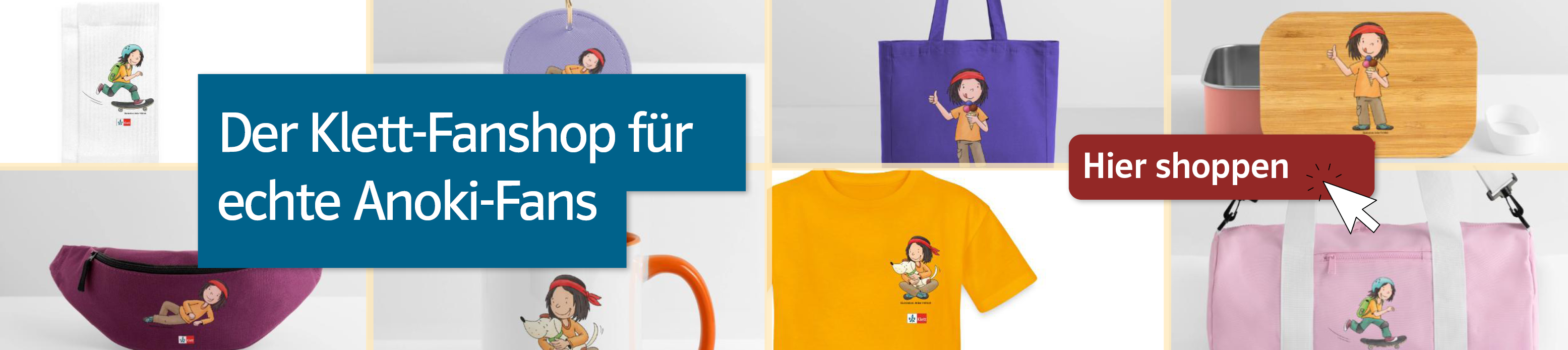 Banner Anoki im Klett-Fanshop auf einem grafischen Hintergrund
