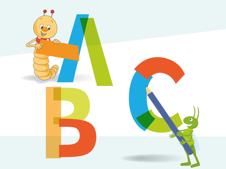 Illustration Bücherwurm, Grashüpfer und Buchstaben