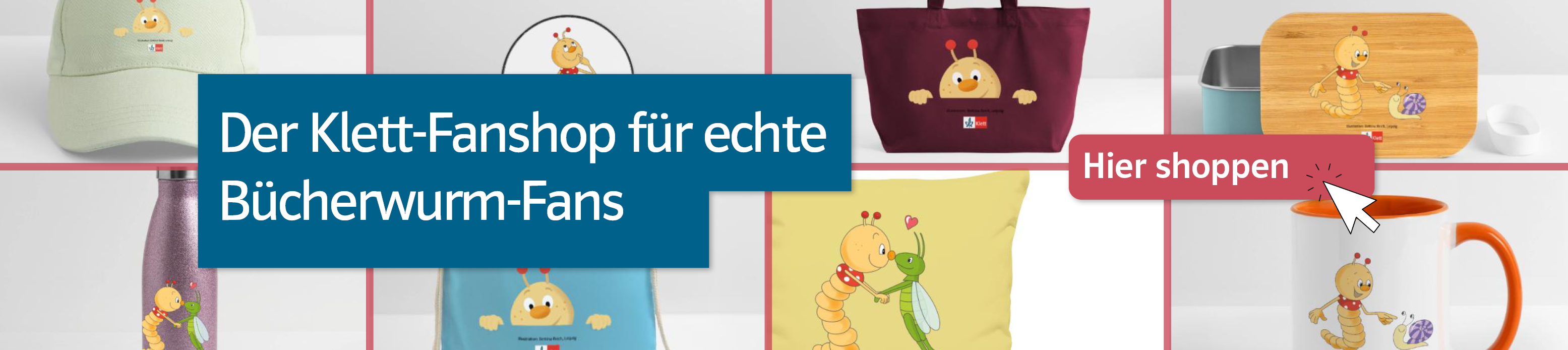 Banner Bücherwurm im Klett-Fanshop auf einem grafischen Hintergrund