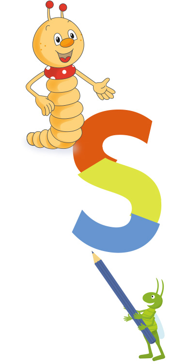 Illustration Bücherwurm, Buchstabe S und Grashüpfer