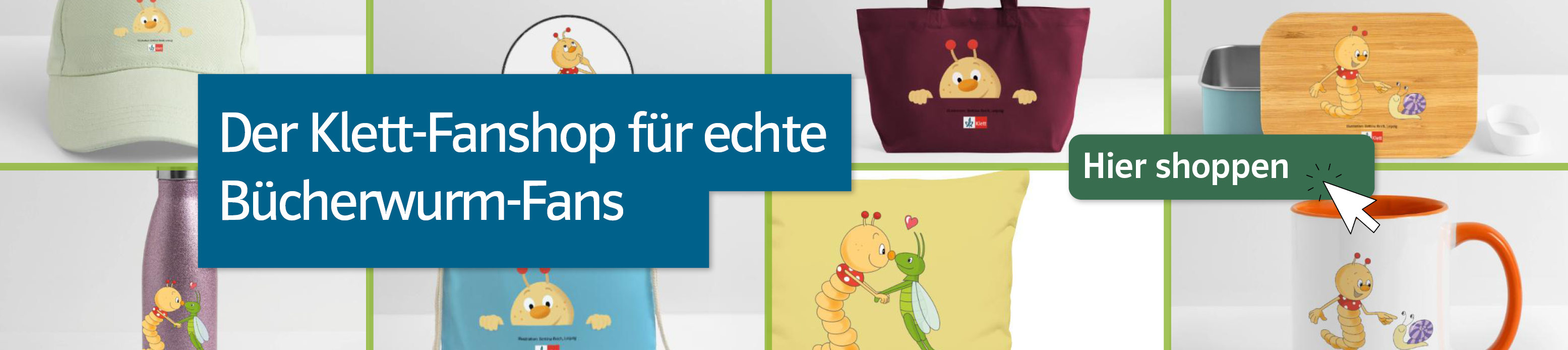 Banner Bücherwurm im Klett-Fanshop auf einem grafischen Hintergrund