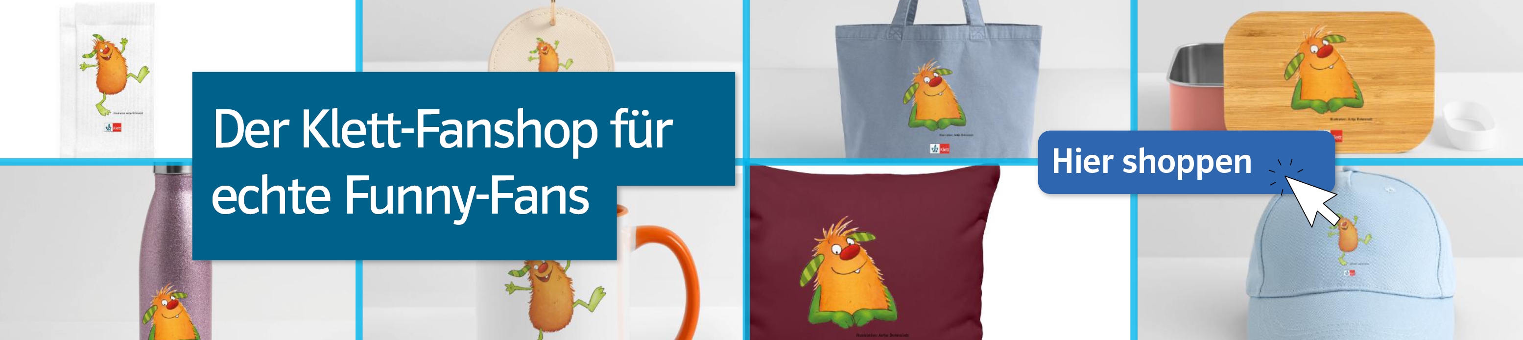 Banner Come in Funny im Klett-Fanshop auf einem grafischen Hintergrund