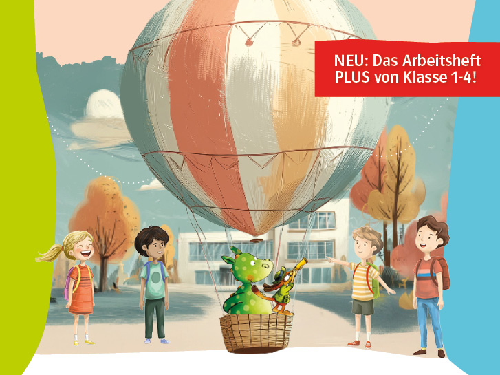 Illustration Niko und Hugo in einem Heißluftballon vor eine Schule