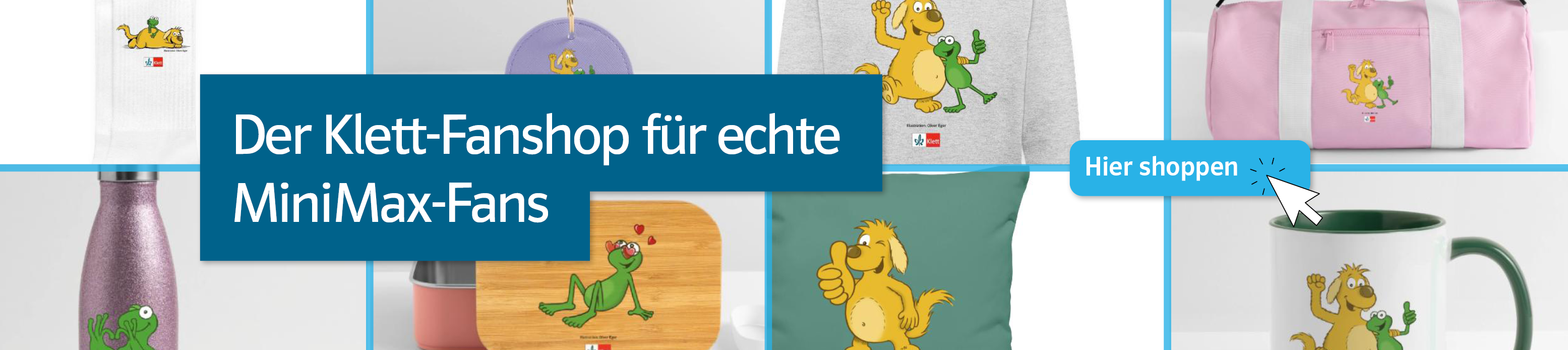 Banner MiniMax im Klett-Fanshop auf einem grafischen Hintergrund