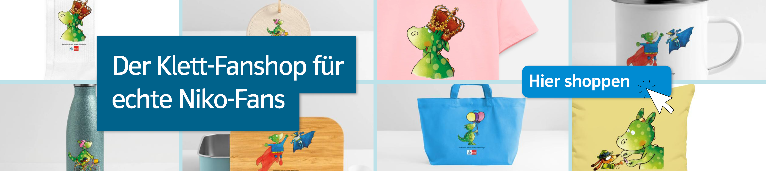 Banner Niko im Klett-Fanshop auf einem grafischen Hintergrund