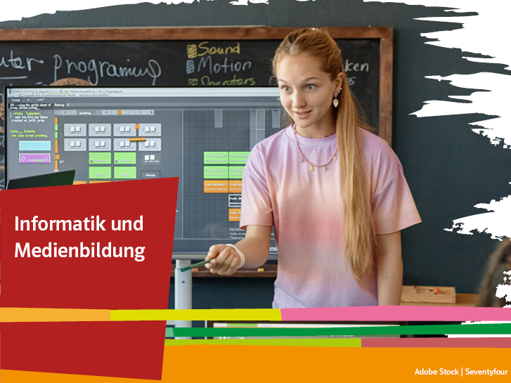 enthusiastische Schülerin präsentiert Informatik-Inhalte, Banner für Starke Seiten Informatik und Medienbildung