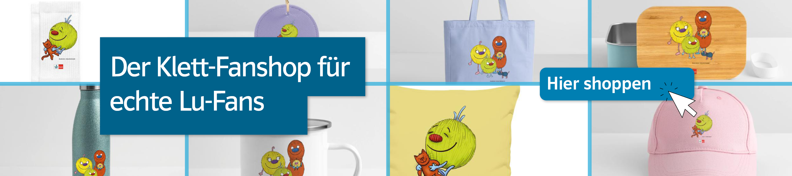 Banner Wege finden Lu im Klett-Fanshop auf einem grafischen Hintergrund
