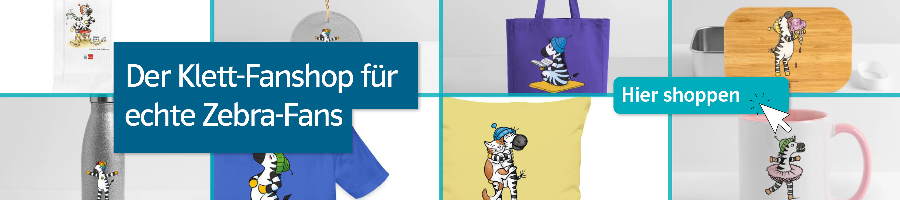 Banner Zebra im Klett-Fanshop auf einem grafischen Hintergrund
