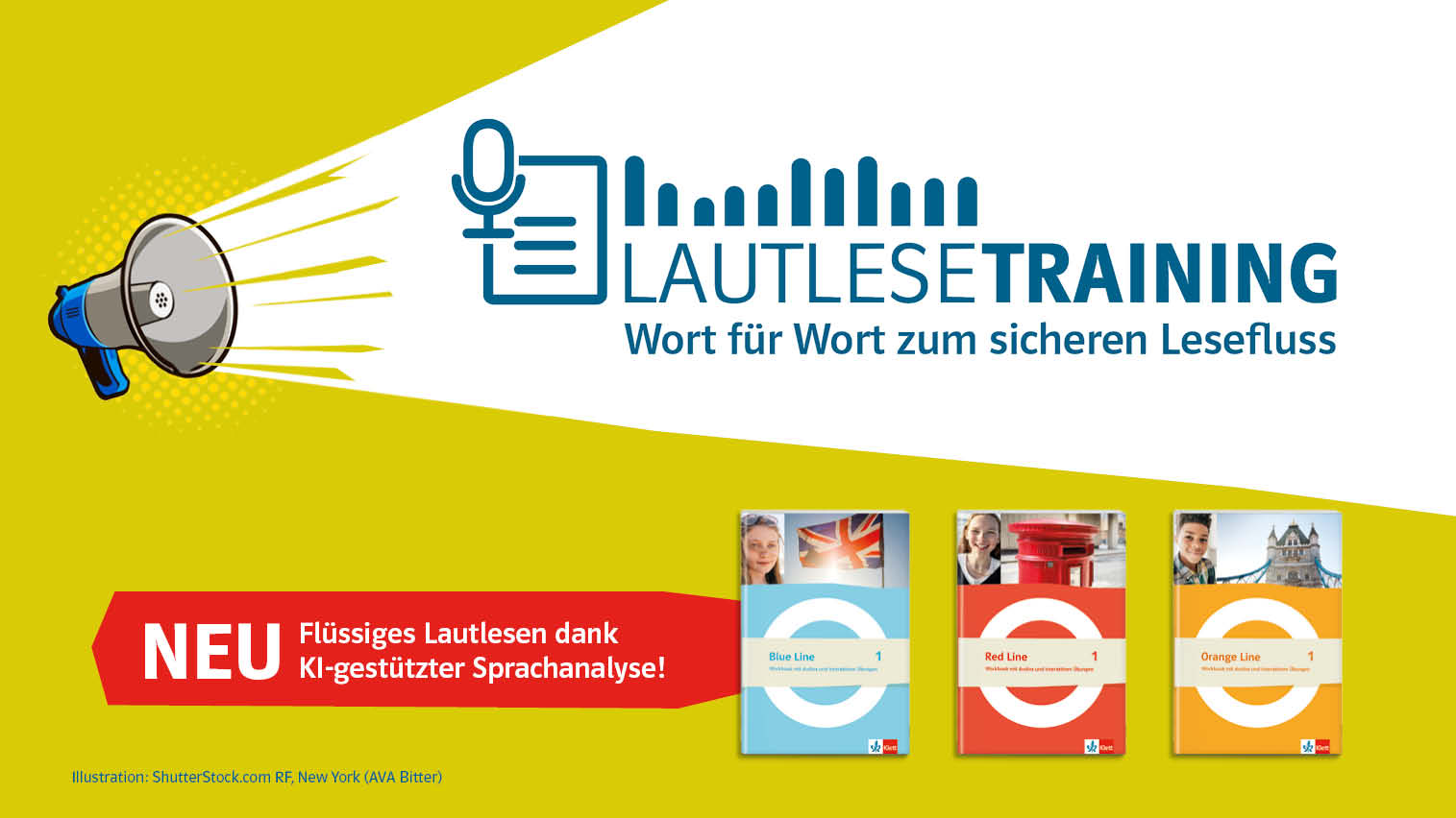 Illustration eines Megafons mit dem Text Lautlesetraining, Wort für Wort zum sicheren Lesefluss. Neu. Flüssiges Lautlesen dank KI-gestützter Sprachanalyse