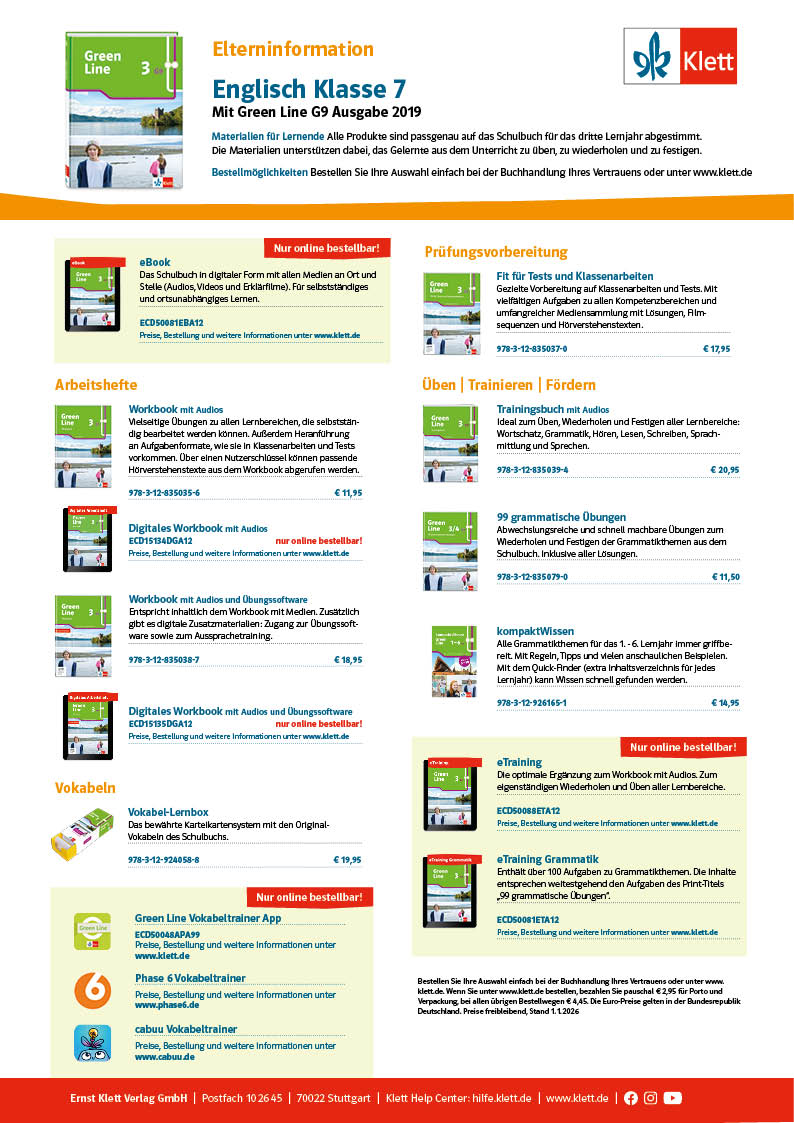 Vorschaubild eines Elterninformationsblatts zu Englisch Klasse 7 mit Green Line 3 G9