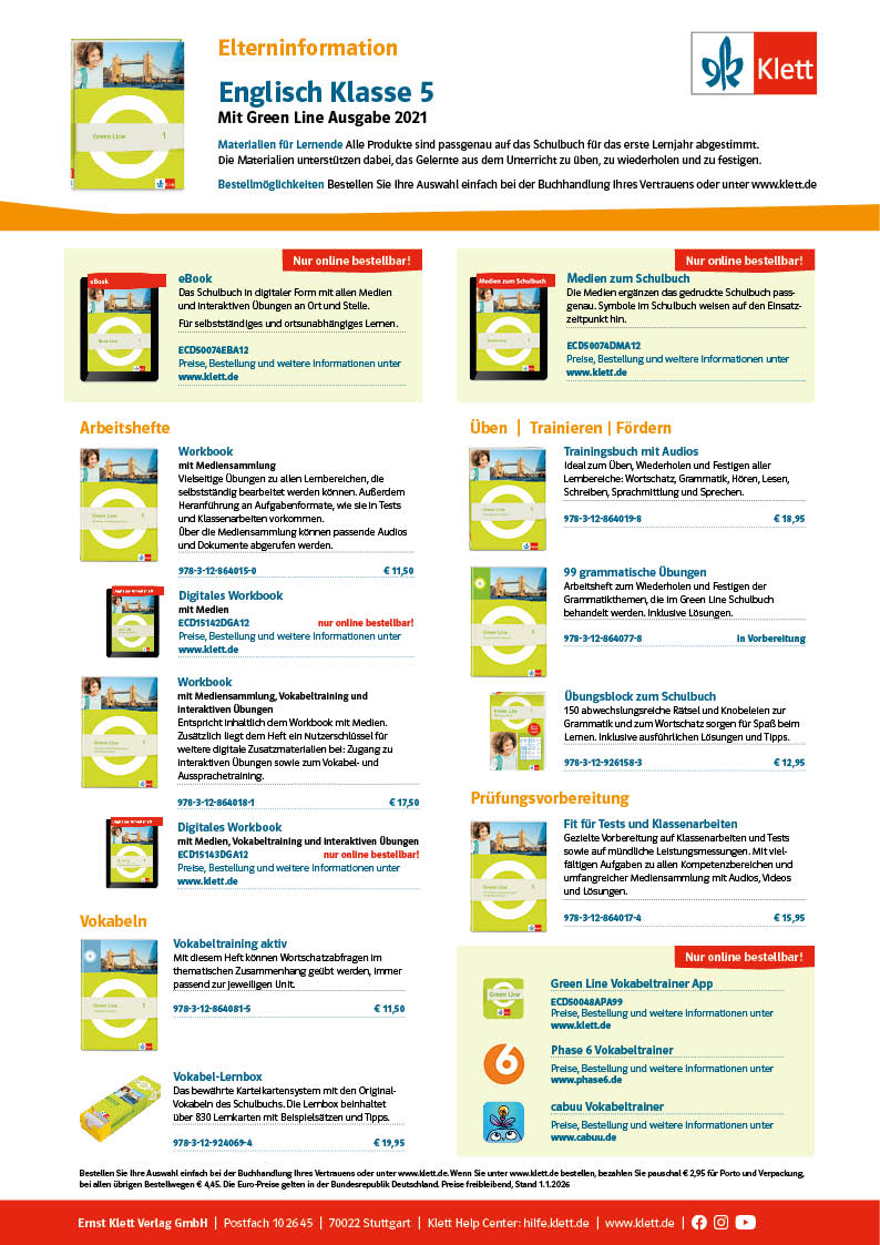 Vorschaubild eines Elterninformationsblatts zu Englisch Klasse 5 mit Green Line 1