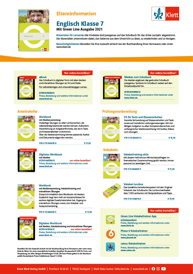 Vorschaubild eines Elterninformationsblatts zu Englisch Klasse 7 mit Green Line 3