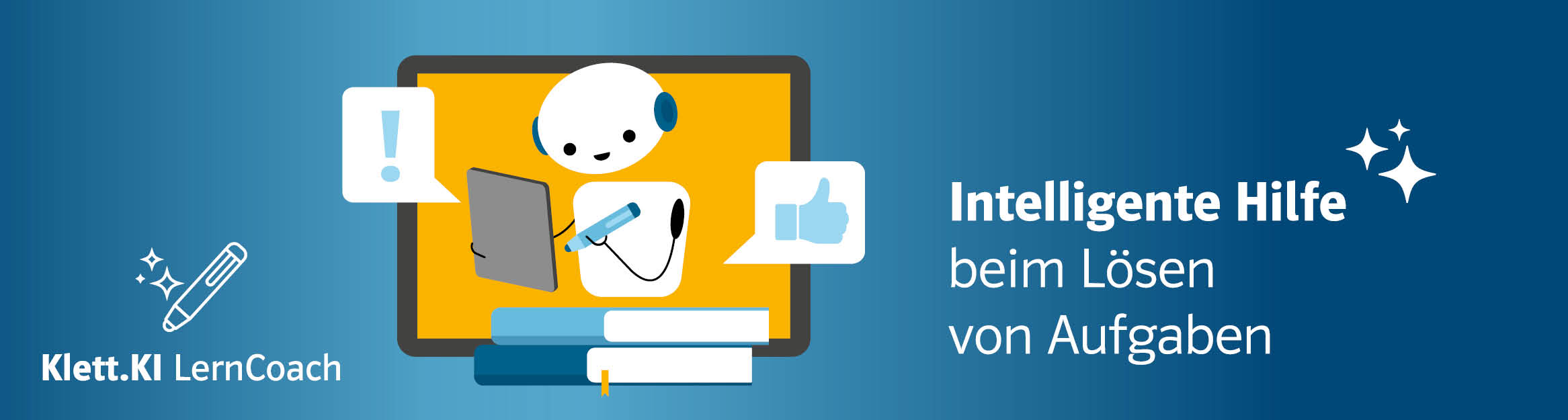 Illustration eines Roboters mit Text Intelligente Hilfe beim Lösen von Aufgaben und Logo Klett.KI LernCoach Illustration eines Roboters mit Text Intelligente Hilfe beim Lösen von Aufgaben und Logo Klett.KI LernCoach