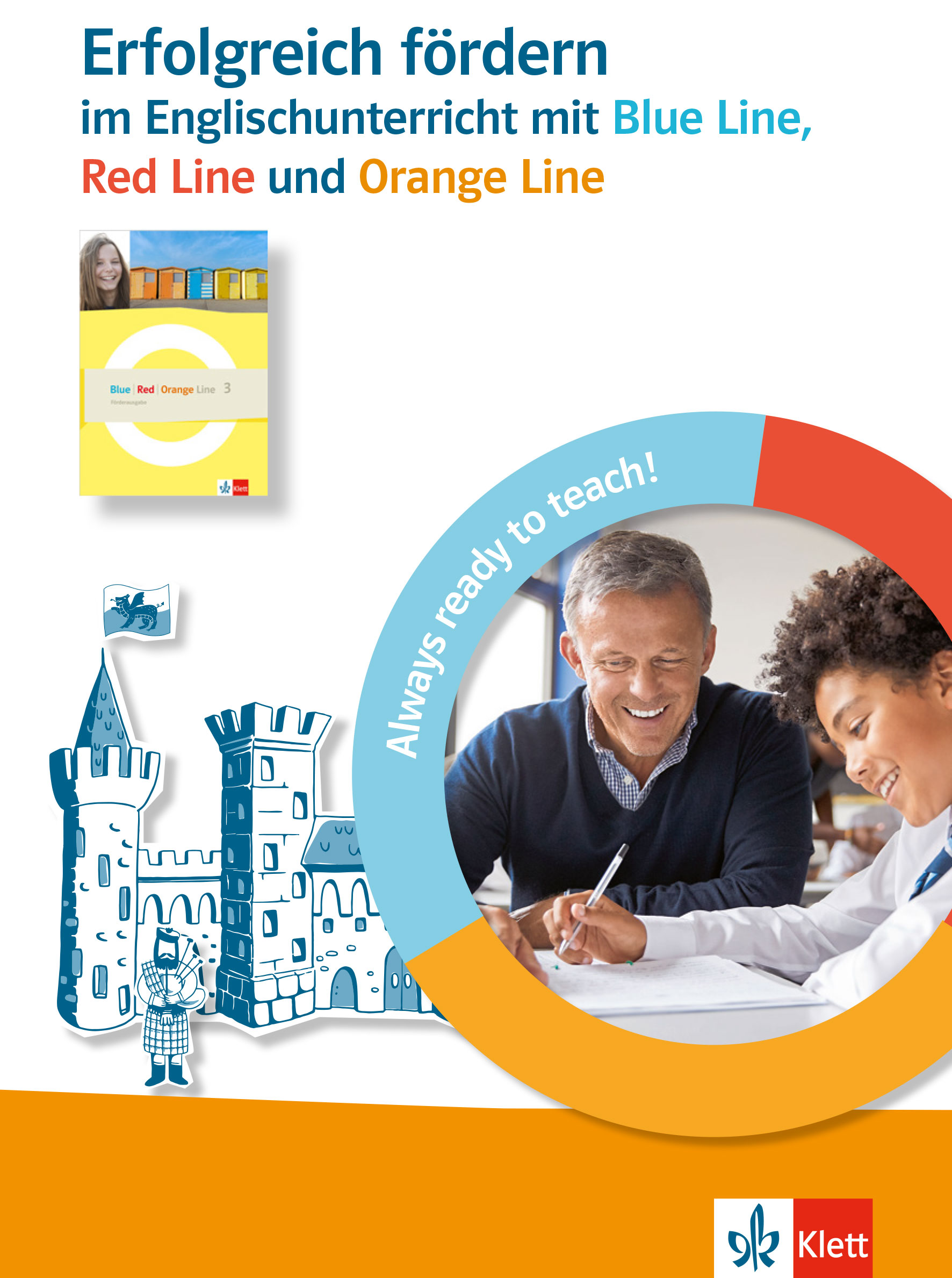 Illustration mit dem Text „Erfolgreich fördern im Englischunterricht mit Blue Line, Red Line und Orange Line“