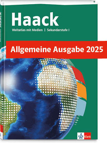 Cover Haack Weltatlas mit Illustration einer Weltkugel und mehreren Farbflächen und dem Text Allgemeine Ausgabe 2025