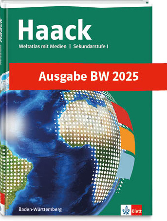 Cover Haack Weltatlas mit Illustration einer Weltkugel und mehreren Farbflächen und dem Text Ausgabe BW 2025