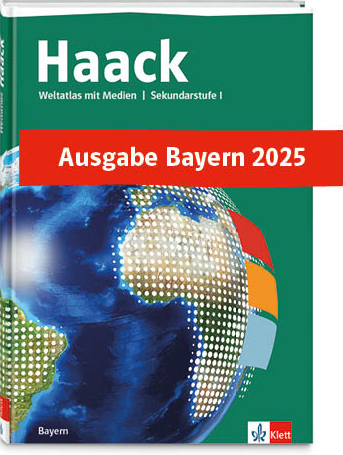 Cover Haack Weltatlas mit Illustration einer Weltkugel und mehreren Farbflächen und dem Text Ausgabe Bayern 2025
