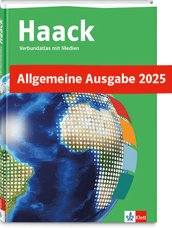 Cover Haack Verbundatlas mit Illustration einer Weltkugel und mehreren Farbflächen und dem Text Allgemeine Ausgabe 2025