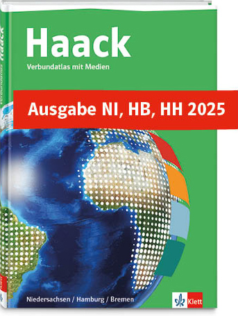 Cover Haack Verbundatlas mit Illustration einer Weltkugel und mehreren Farbflächen und dem Text Ausgabe NI, HB, HH 2025