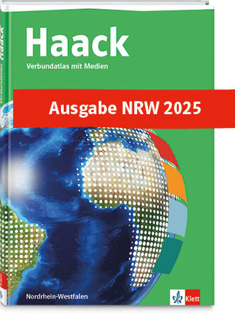 Cover Haack Verbundatlas mit Illustration einer Weltkugel und mehreren Farbflächen und dem Text Ausgabe NRW 2025