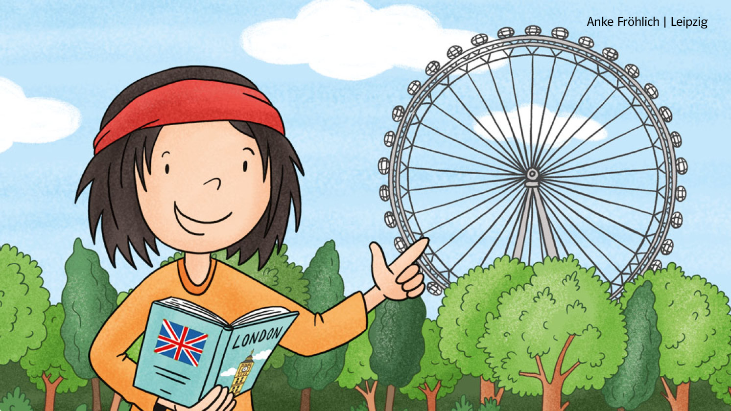 Illustration des Jungen „Anoki“, der ein Buch mit dem Titel „London“ hält und auf ein Riesenrad zeigt