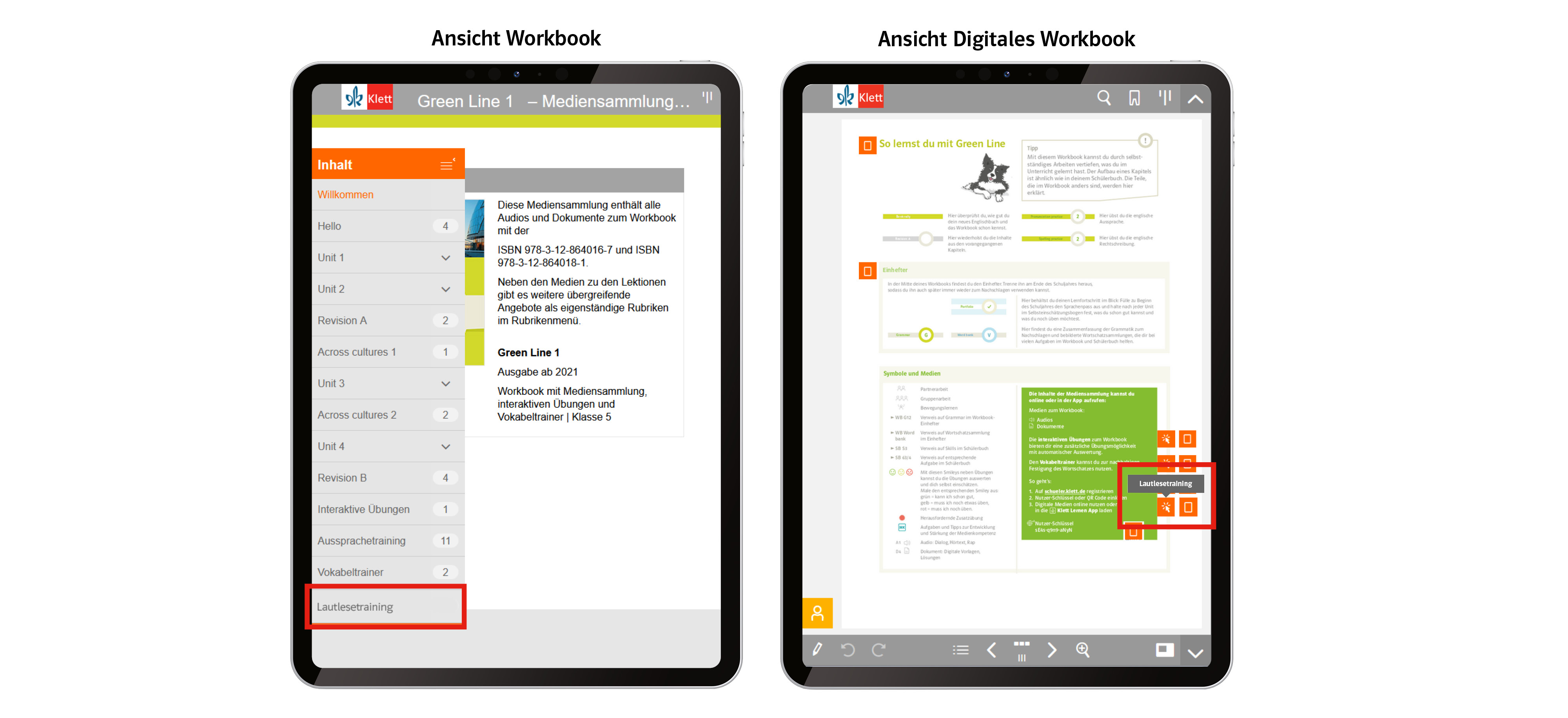 Tablet mit Ansicht Workbook und digitales Workbook