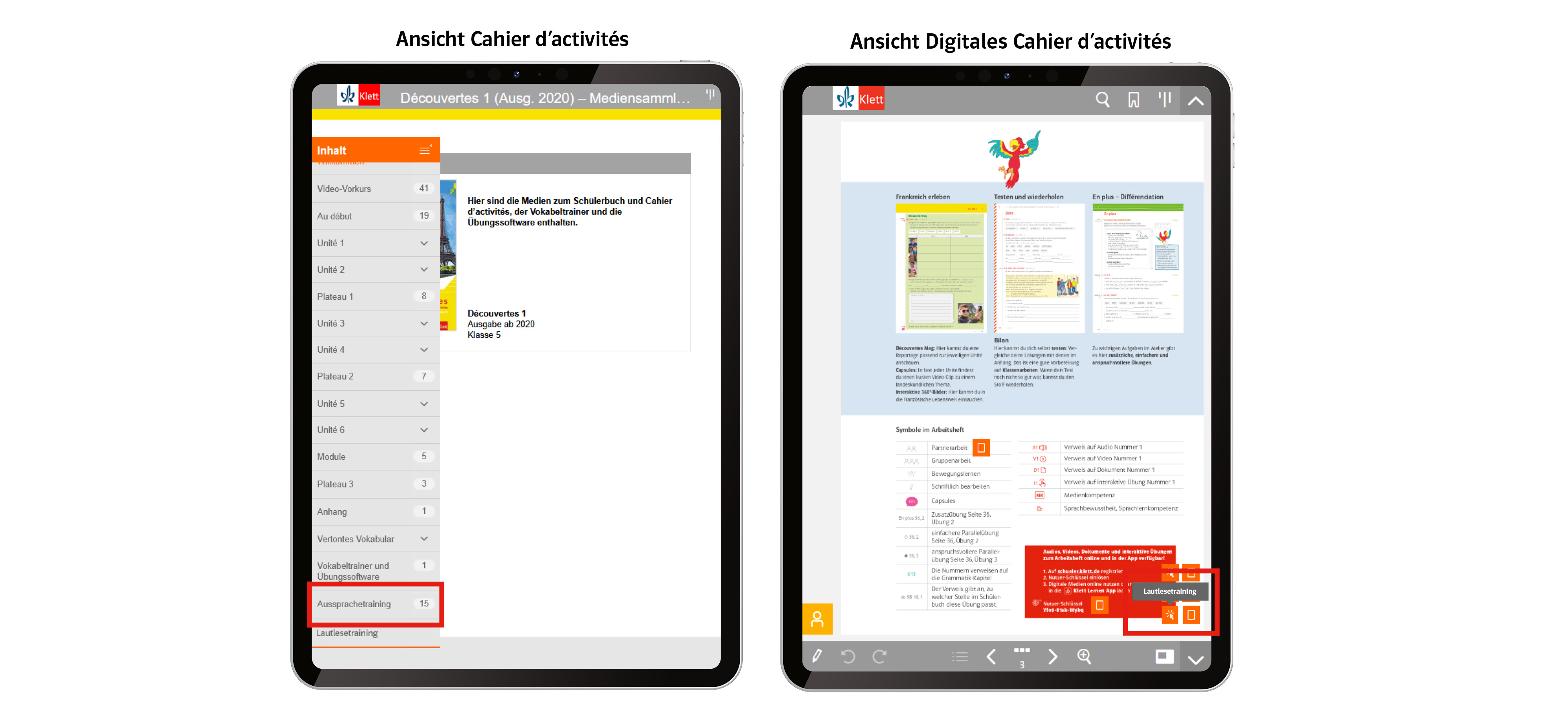 Tablet mit Ansicht Cahier d'activités