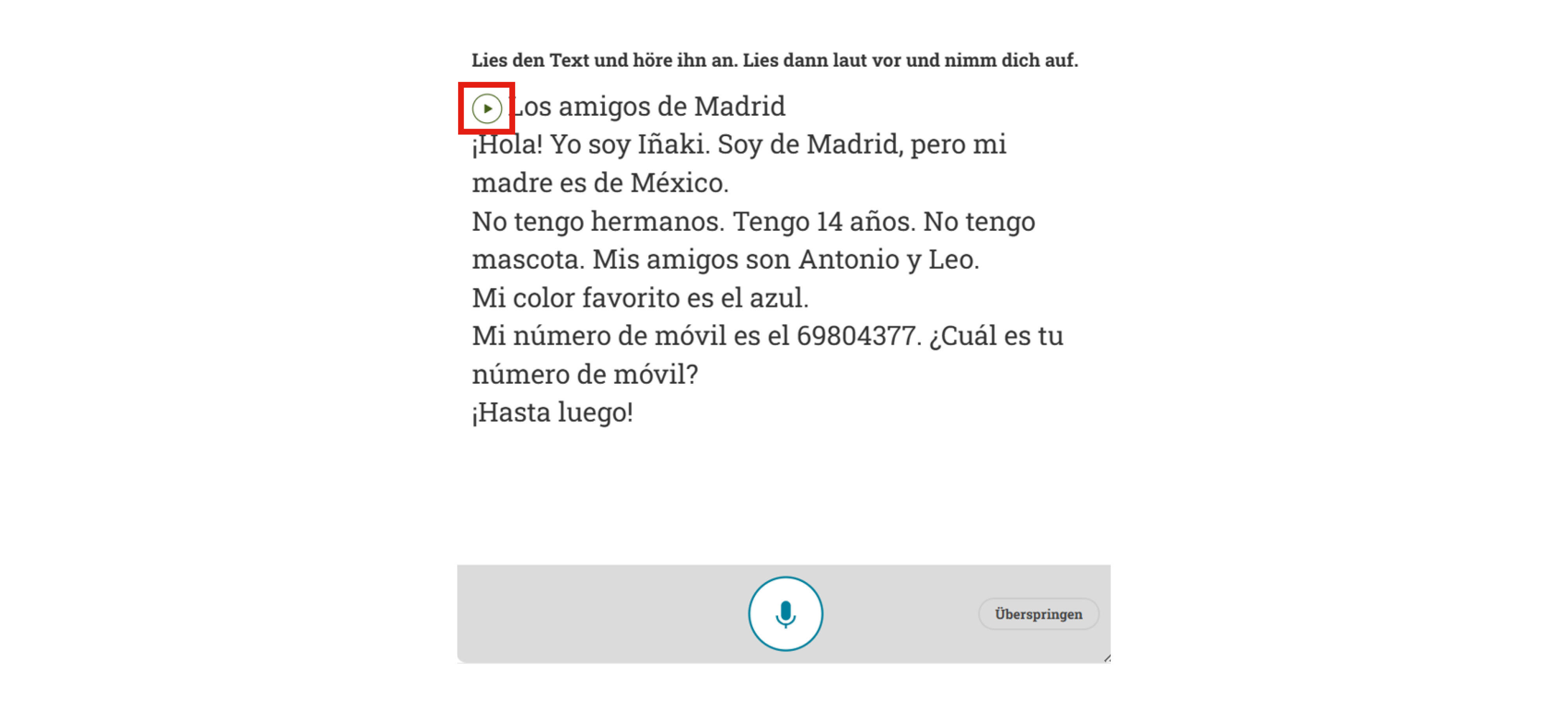 Anleitung Lautlesetraining Schritt 3, angezeigten Text leise lesen, Screenshot Anwendung Beispiel-Text