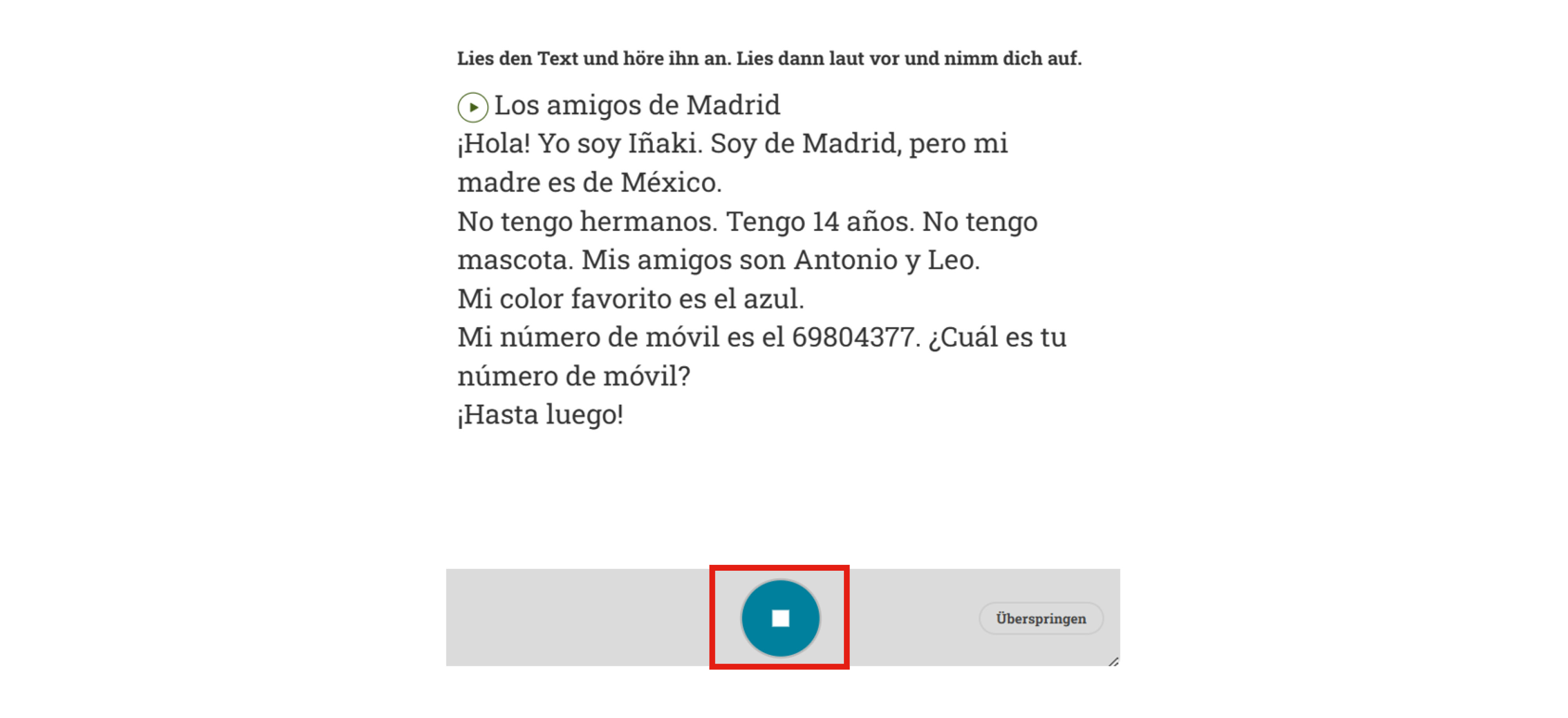 Anleitung Lautlesetraining Schritt 4, Text aufnehmen, Screenshot Anwendung Beispiel-Text