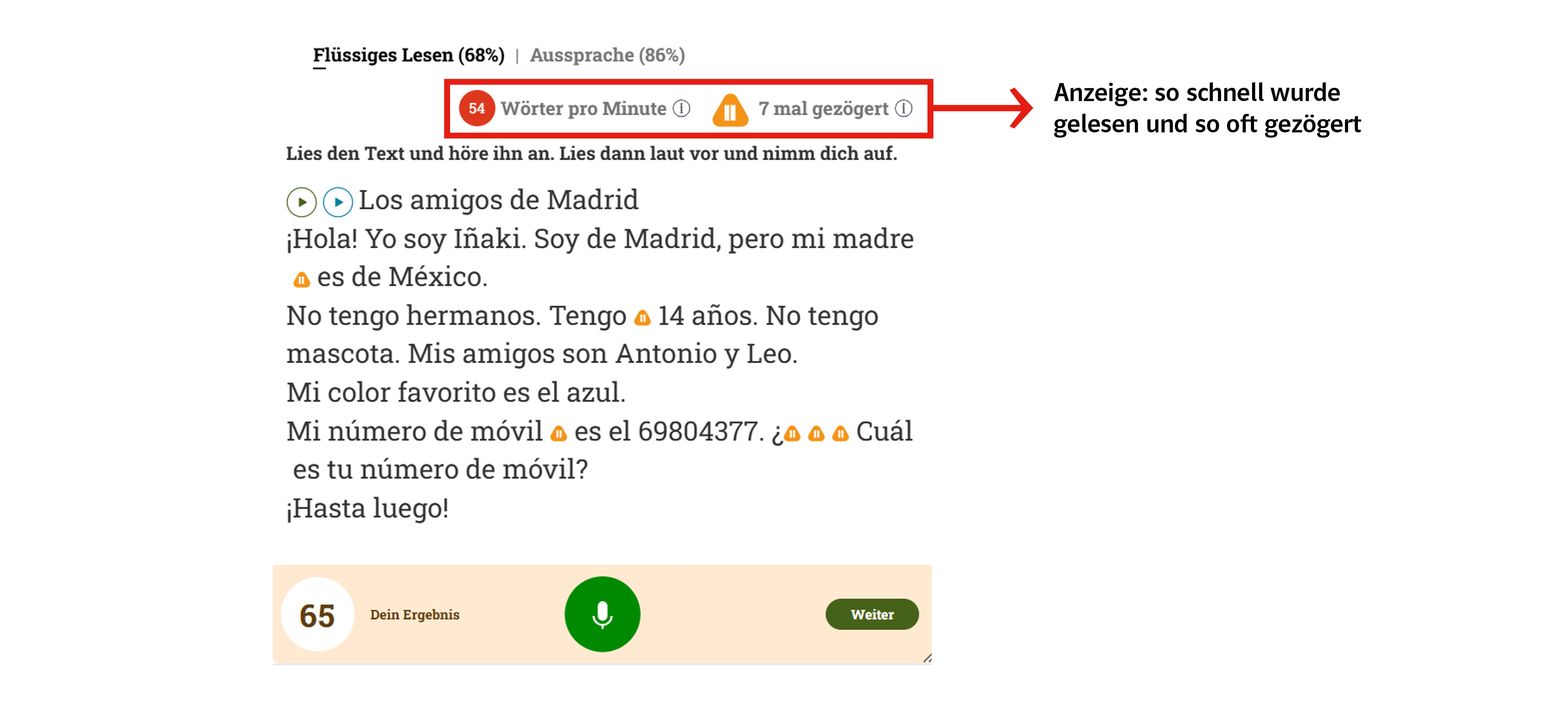 Anleitung Lautlesetraining Schritt 5a, Auswertung zur Leseflüssigkeit, Screenshot Anwendung Beispiel-Text