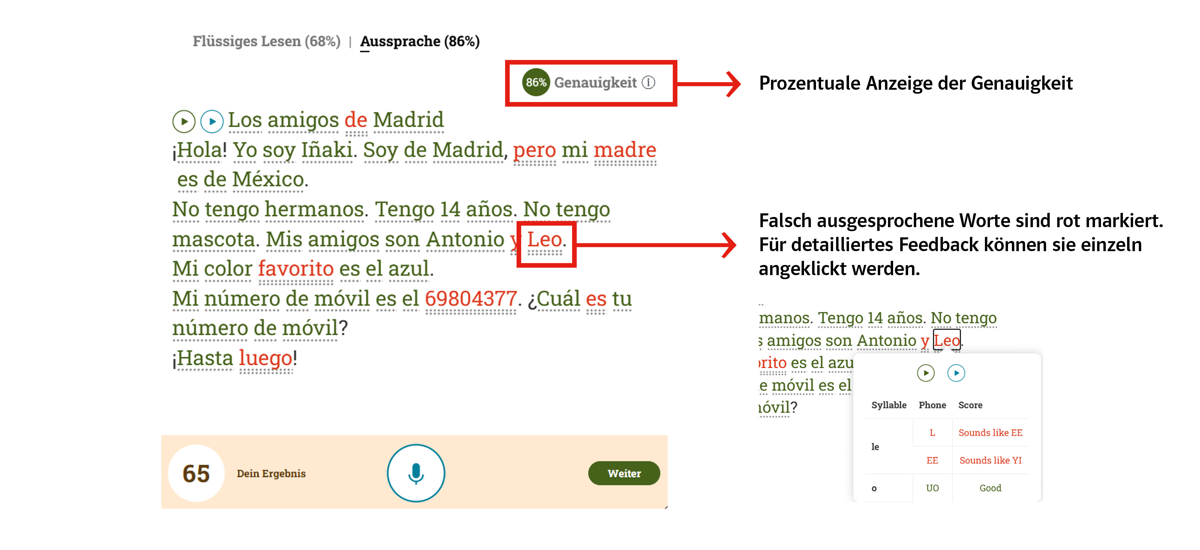 Anleitung Lautlesetraining Schritt 5b, Auswertung zur Aussprache, Screenshot Anwendung Beispiel-Text