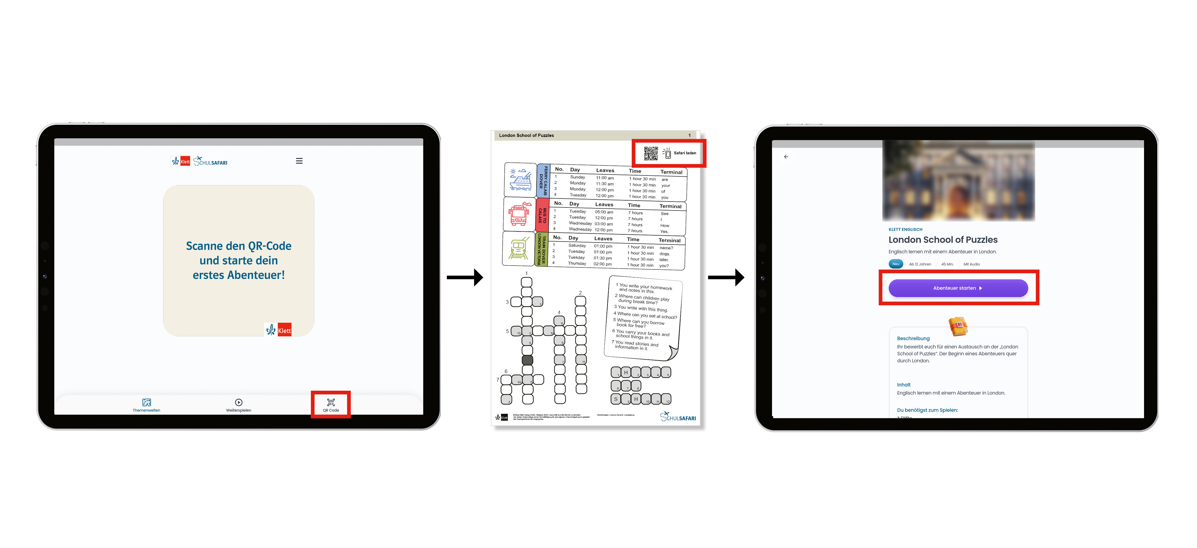 Tablet mit Ansicht App Schulsafari und Beispiel Rätselblätter