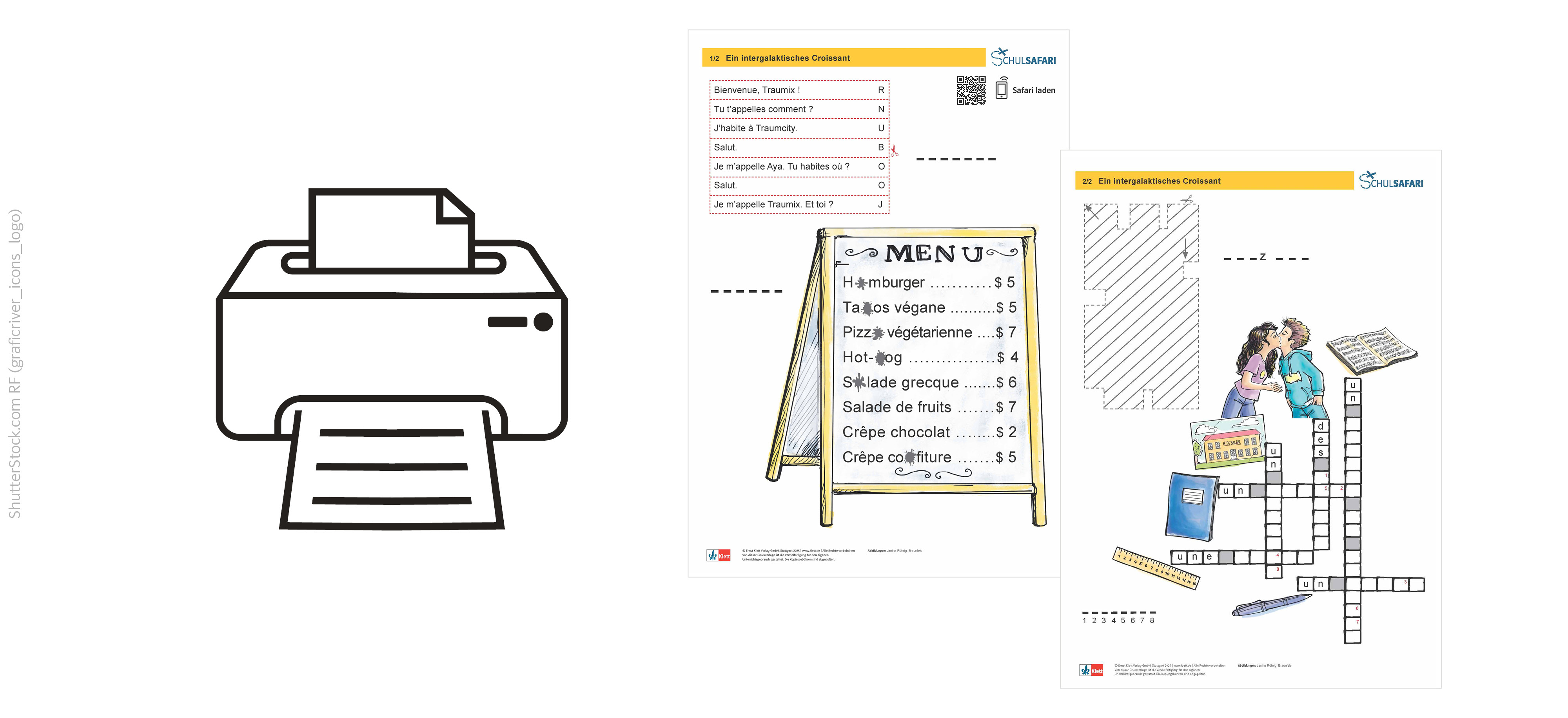 Illustration Drucker und Beispielseiten