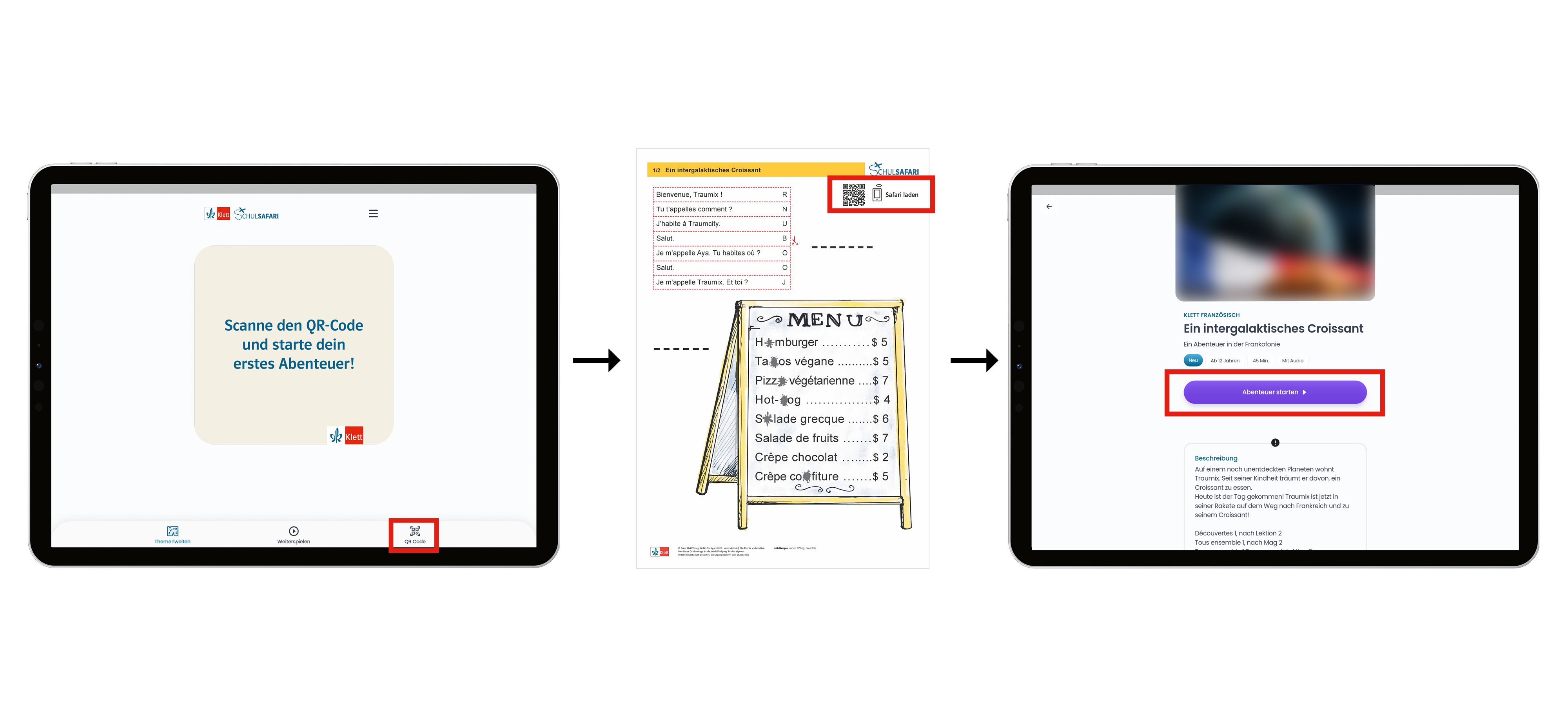Tablet mit Ansicht App Schulsafari und Beispiel Rätselblätter