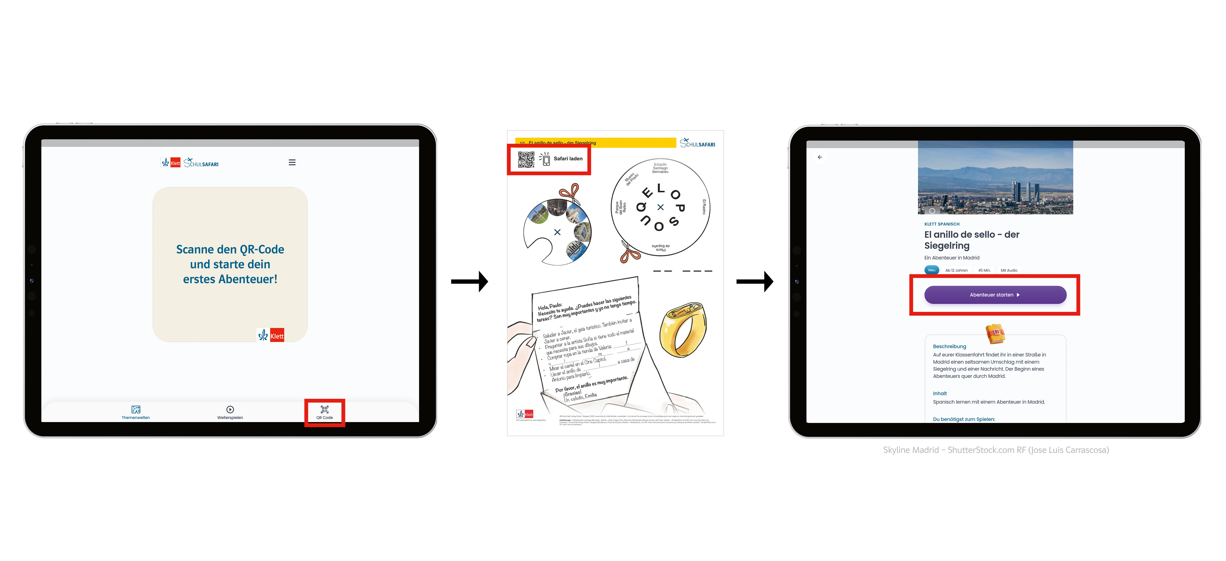Tablet mit Ansicht App Schulsafari und Beispiel Rätselblätter
