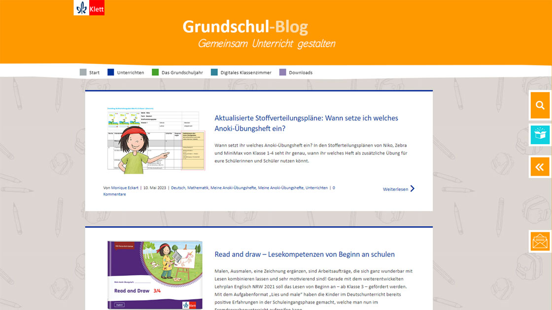 Screenshot des Grundschul-Blogs mit dem Claim „Gemeinsam Unterricht gestalten“ und einer Artikelvorschau