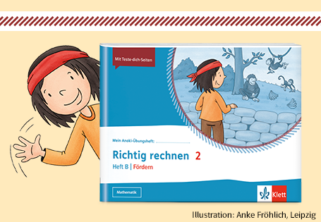 Illustration des winkenden Jungen „Anoki“ und Cover des Anoki-Übungshefts „Richtig rechnen 2“