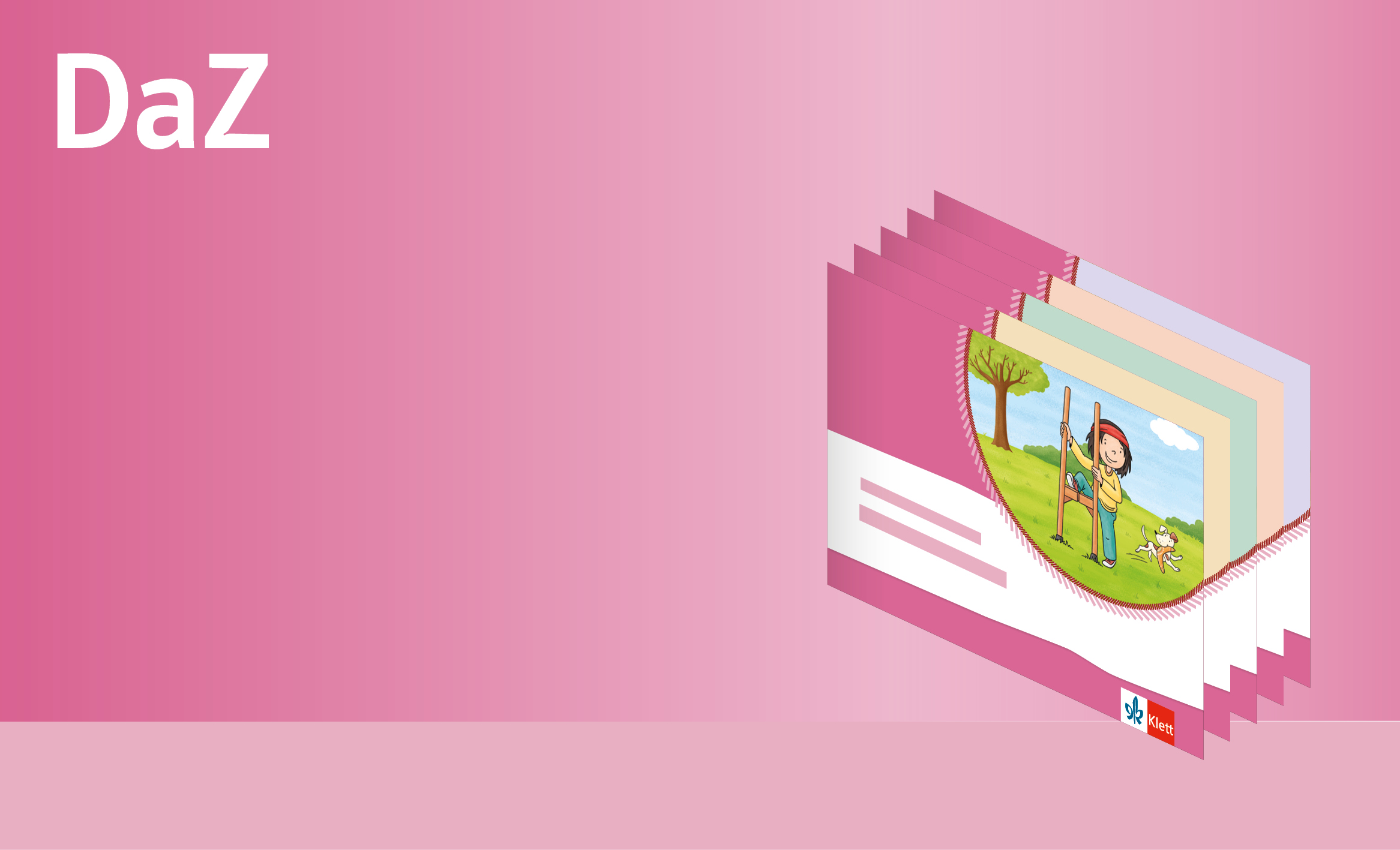 Text „DaZ“ auf rosafarbenem Hintergrund und Illustration von mehreren Anoki-Übungsheft-Covern, die sich überlappen