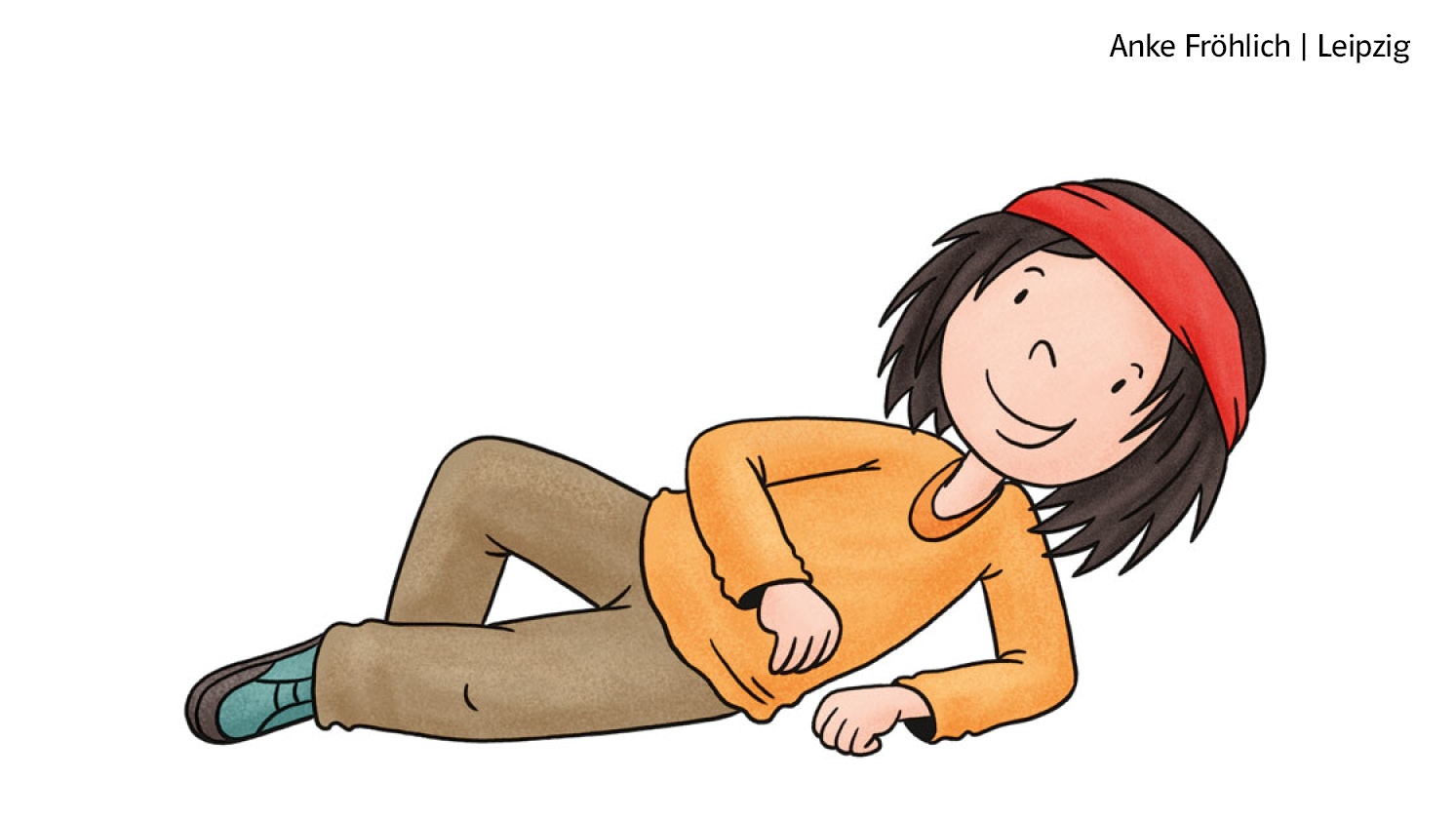 Illustration des Jungen „Anoki“, der grinst und auf der Seite liegt