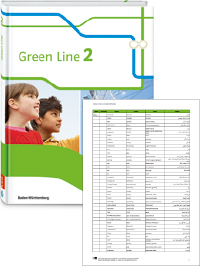 Buchcover von „Green Line 2“ und Vorschaubild einer Vokabelliste „Zu Band 2“